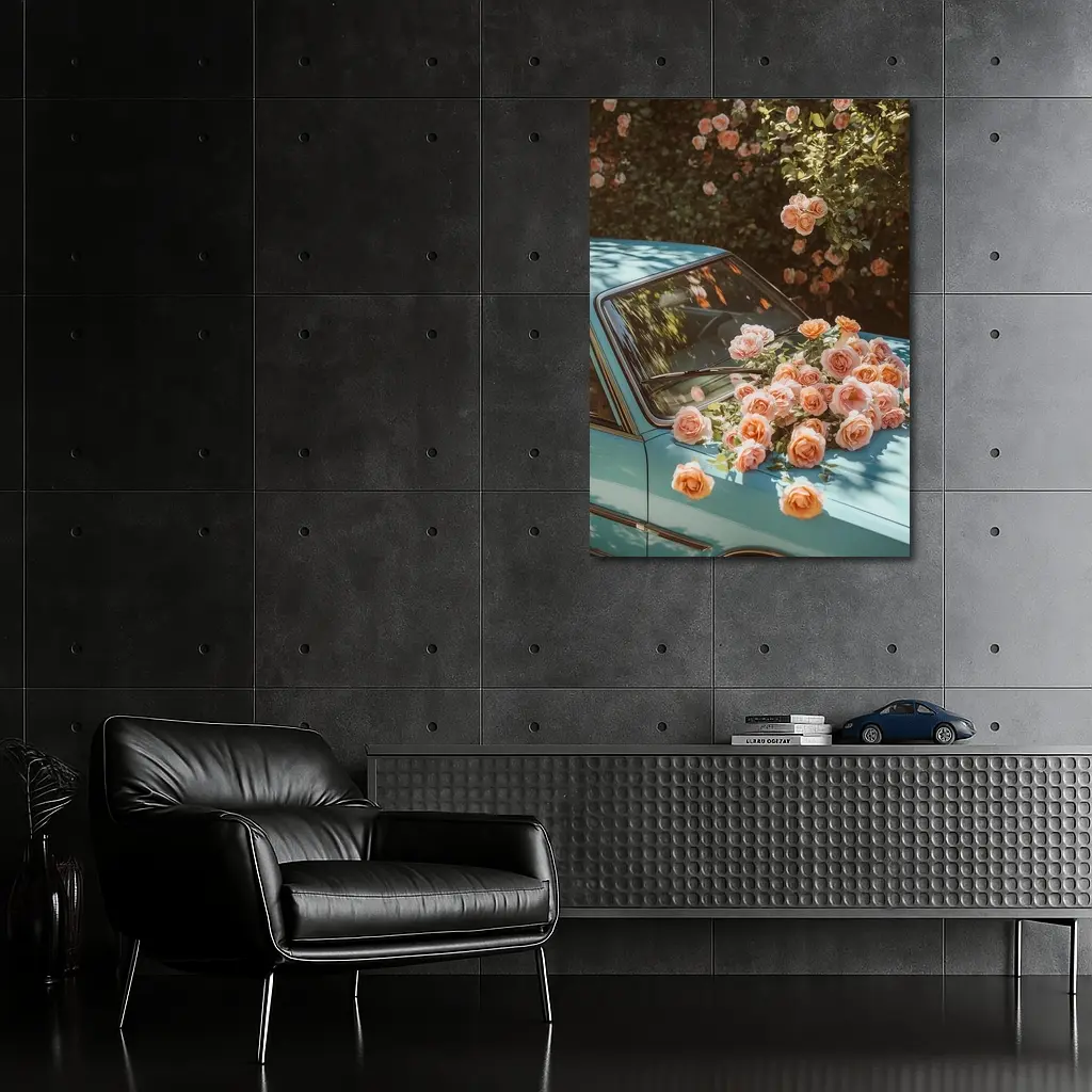 Light Blue Classic Car Covered In Roses – Wall Art
