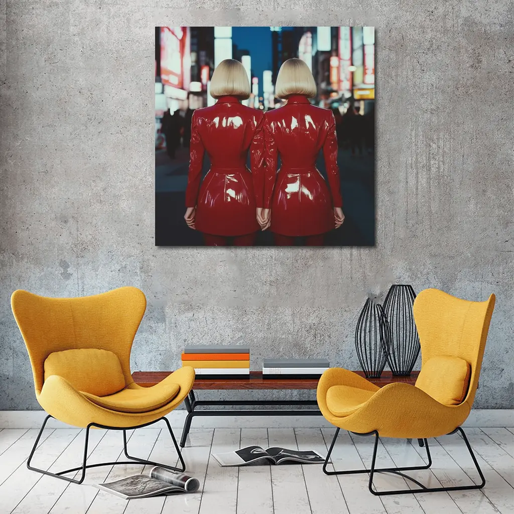 Twin Women Red Latex City Night – Wall Art