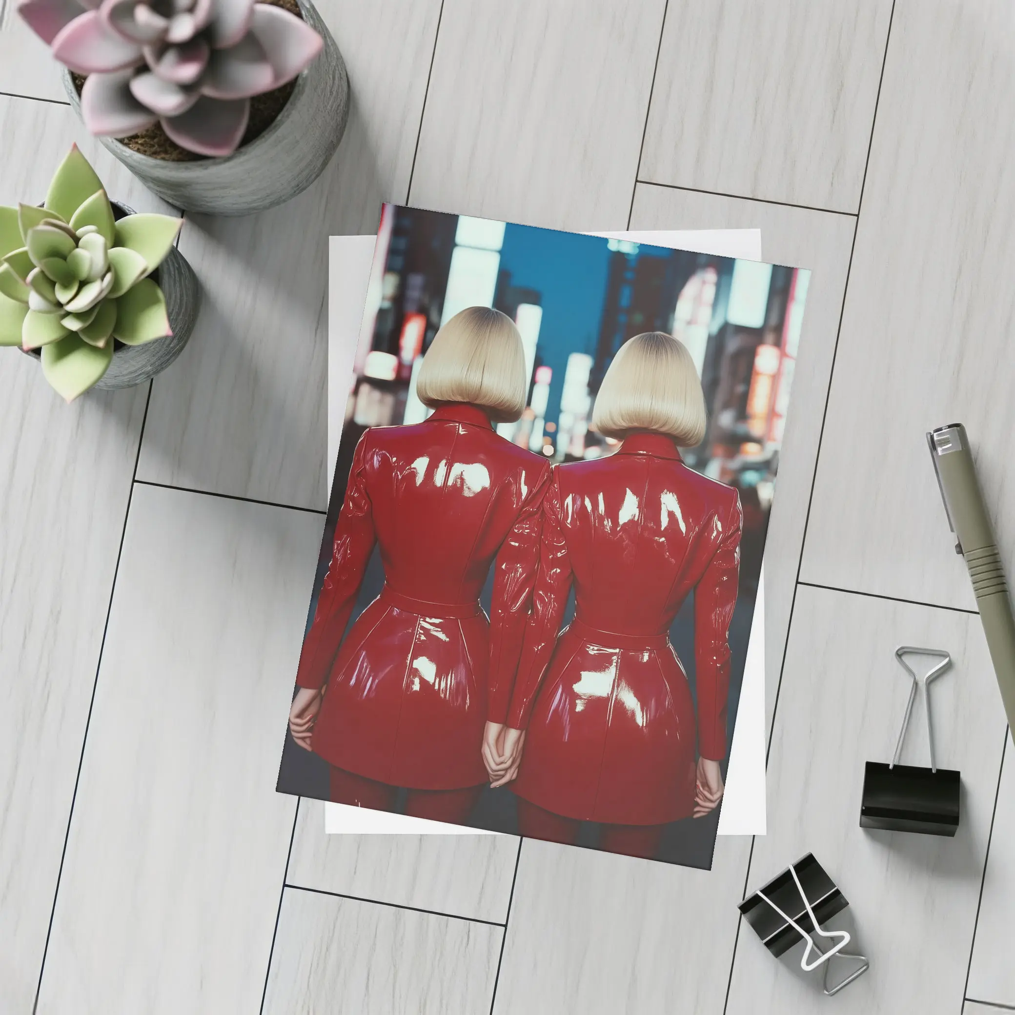 Twin Women Red Latex City Night – Postcards