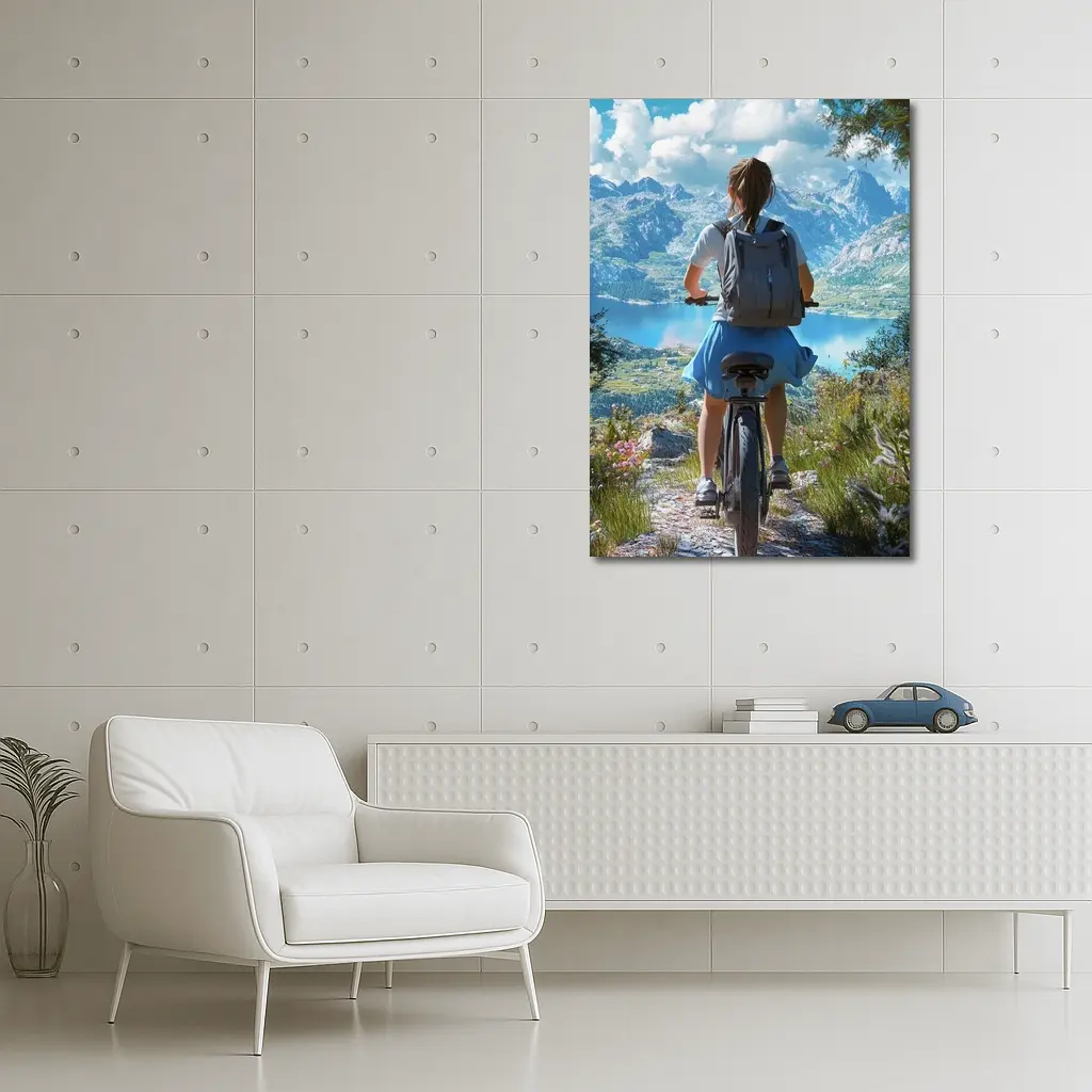 Girl Cycling Mountain Lake Scenic Landscape – Wall Art
