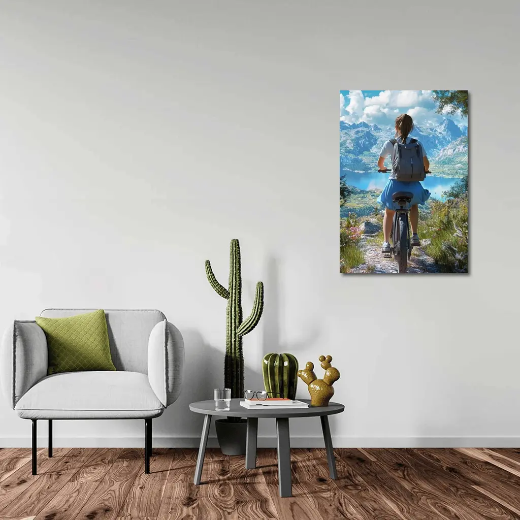 Girl Cycling Mountain Lake Scenic Landscape – Wall Art
