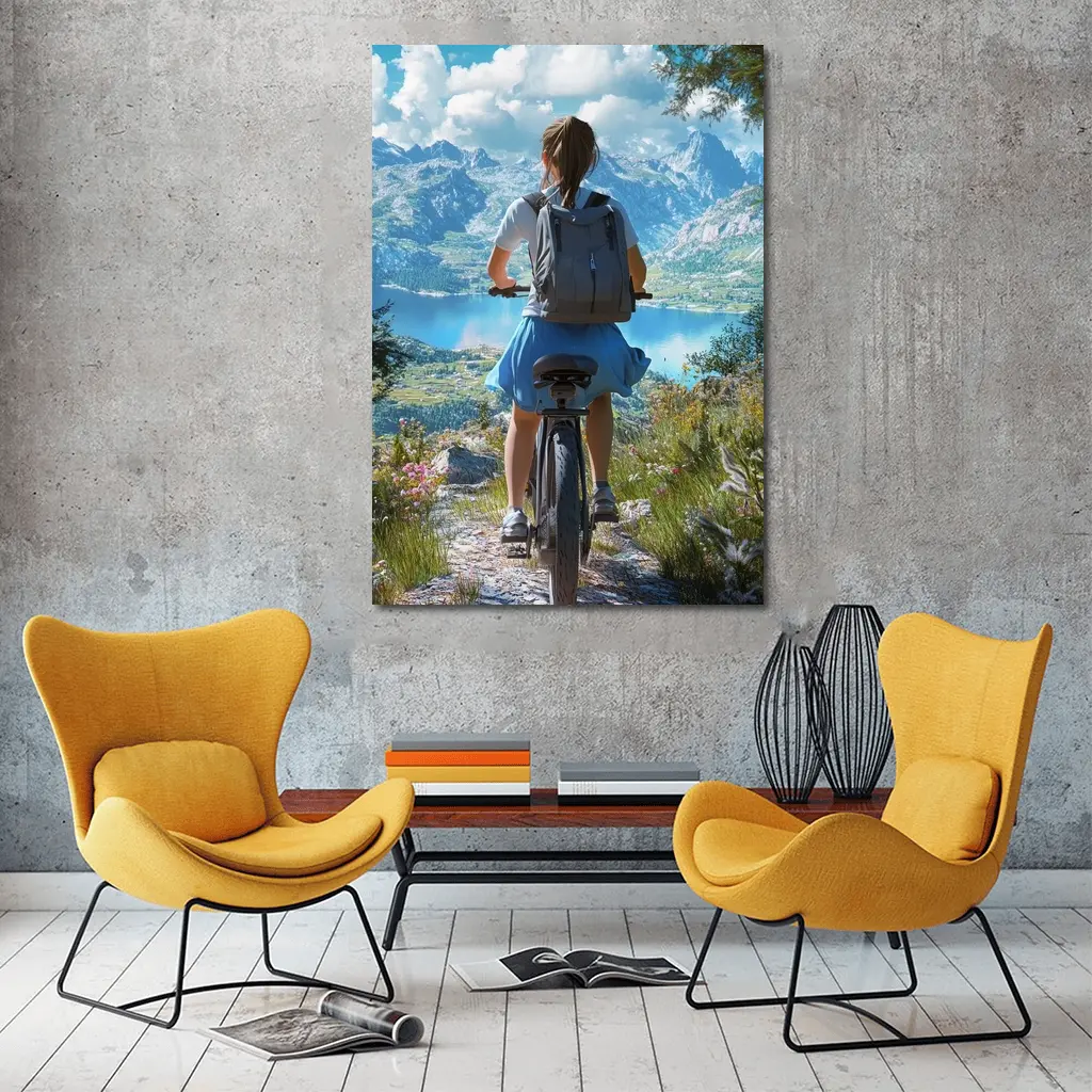 Girl Cycling Mountain Lake Scenic Landscape – Wall Art