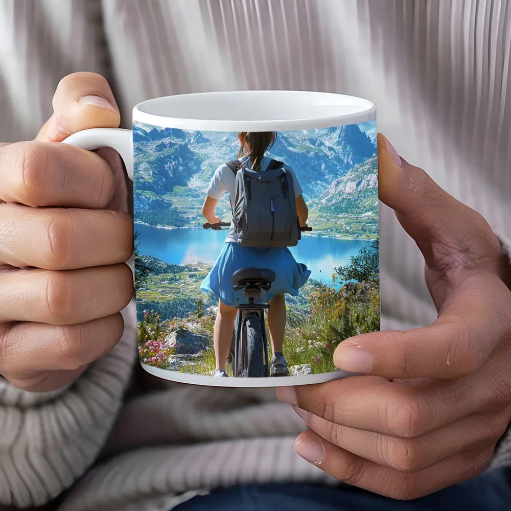 Girl Cycling Mountain Lake Scenic Landscape – Mugs