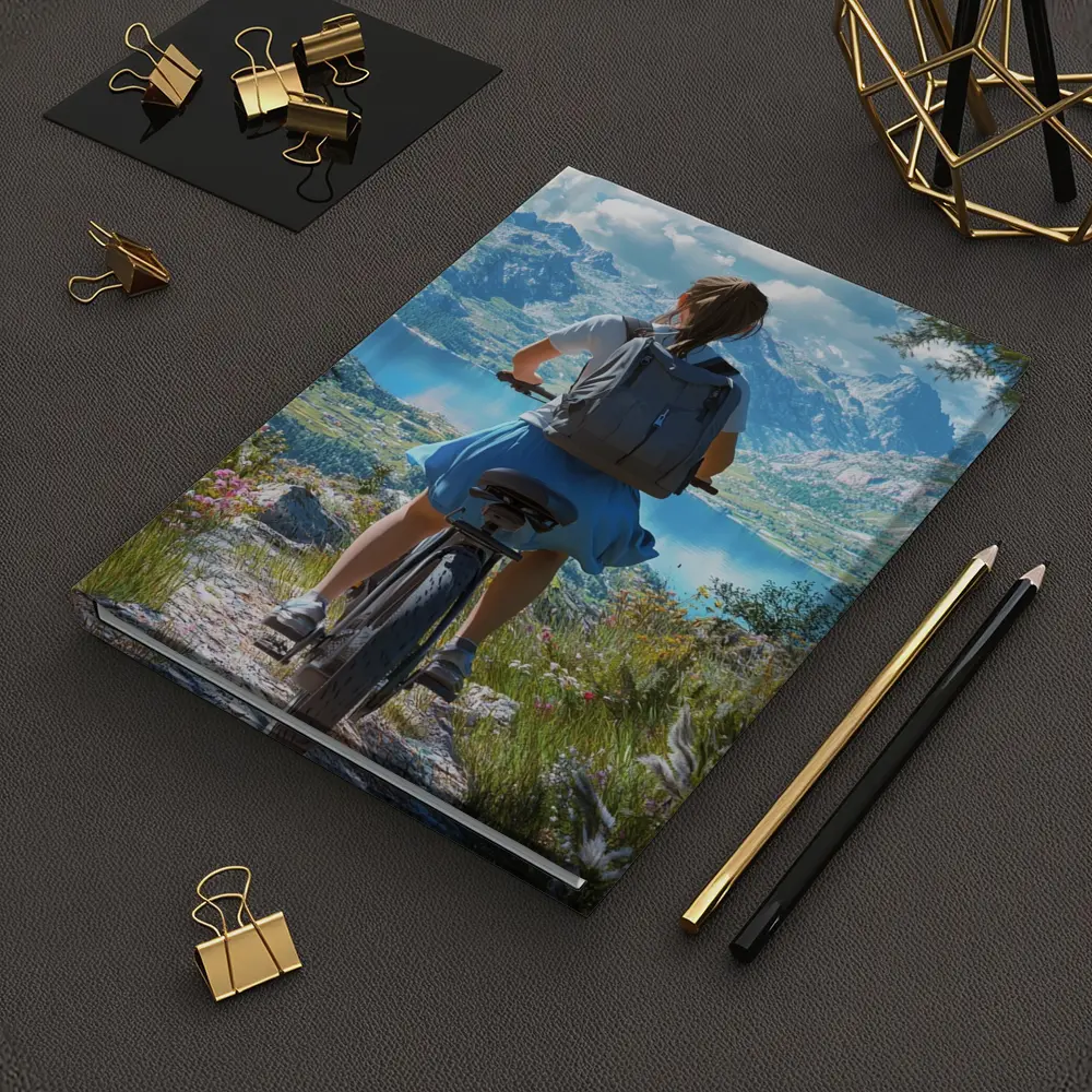 Girl Cycling Mountain Lake Scenic Landscape – Notebooks