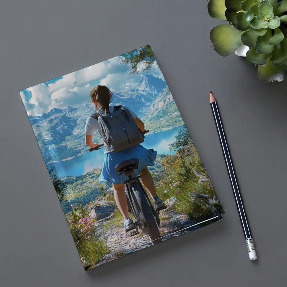 Girl Cycling Mountain Lake Scenic Landscape – Notebooks