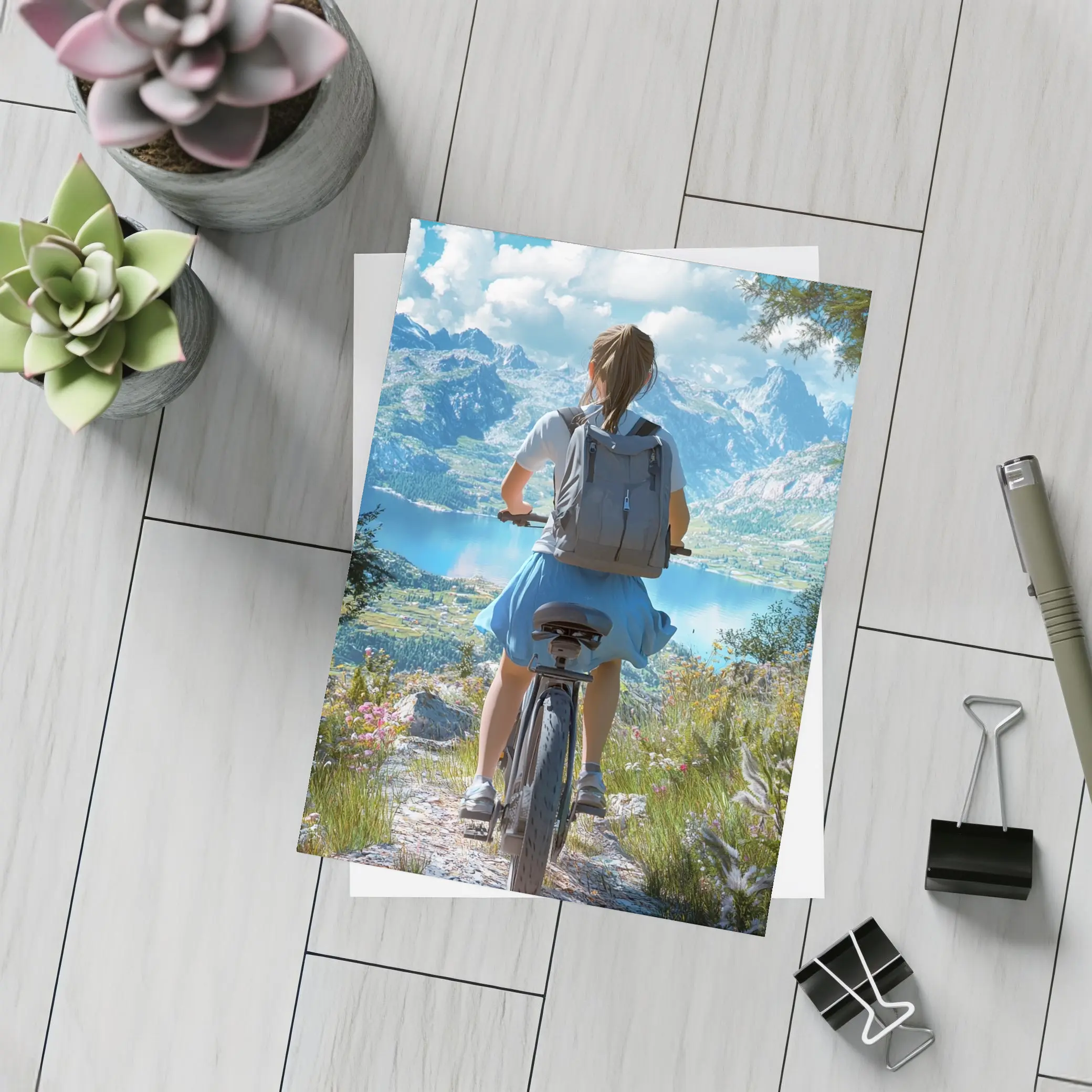 Girl Cycling Mountain Lake Scenic Landscape – Postcards