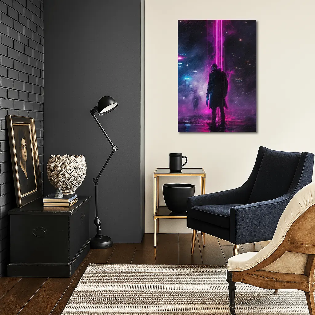 Cyberpunk Gunman Neon Rain Dark City – Wall Art