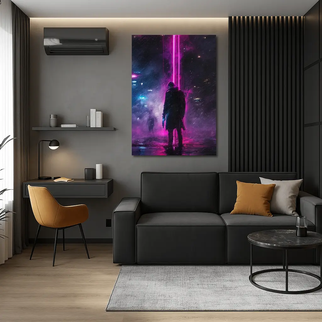 Cyberpunk Gunman Neon Rain Dark City – Wall Art
