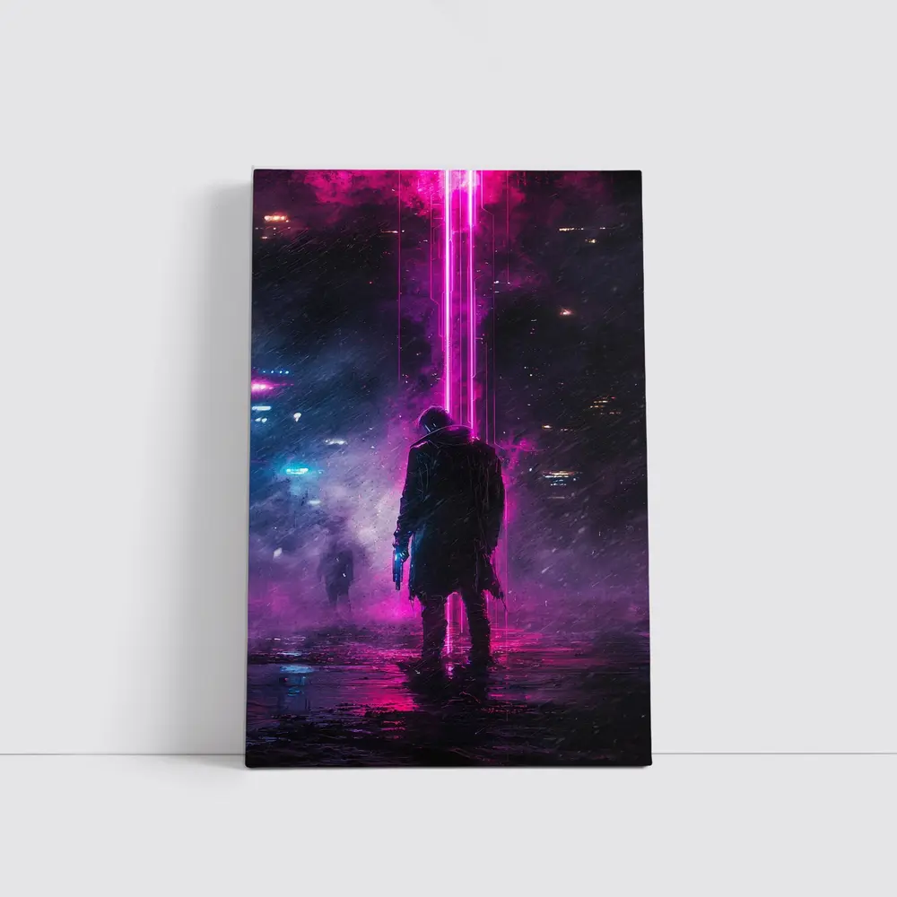 Cyberpunk Gunman Neon Rain Dark City – Wall Art