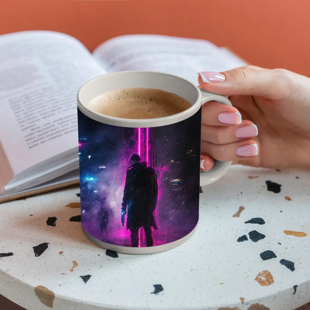 Cyberpunk Gunman Neon Rain Dark City – Mugs