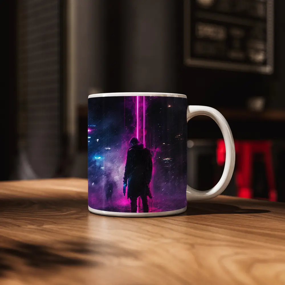 Cyberpunk Gunman Neon Rain Dark City – Mugs