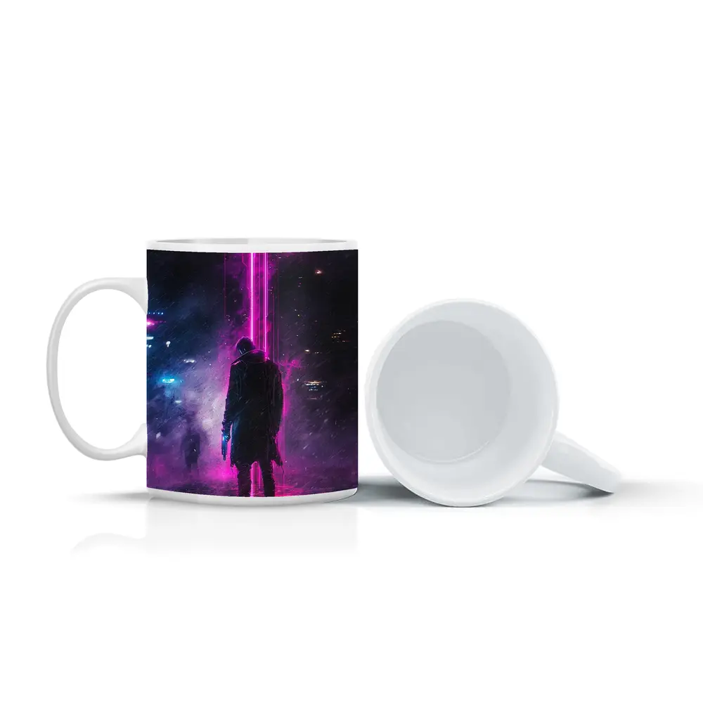 Cyberpunk Gunman Neon Rain Dark City – Mugs
