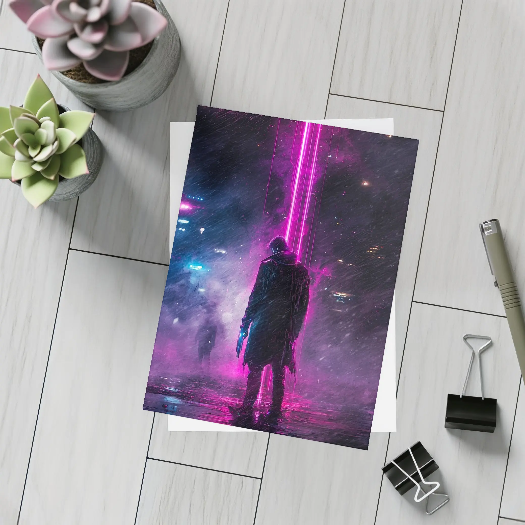 Cyberpunk Gunman Neon Rain Dark City – Postcards