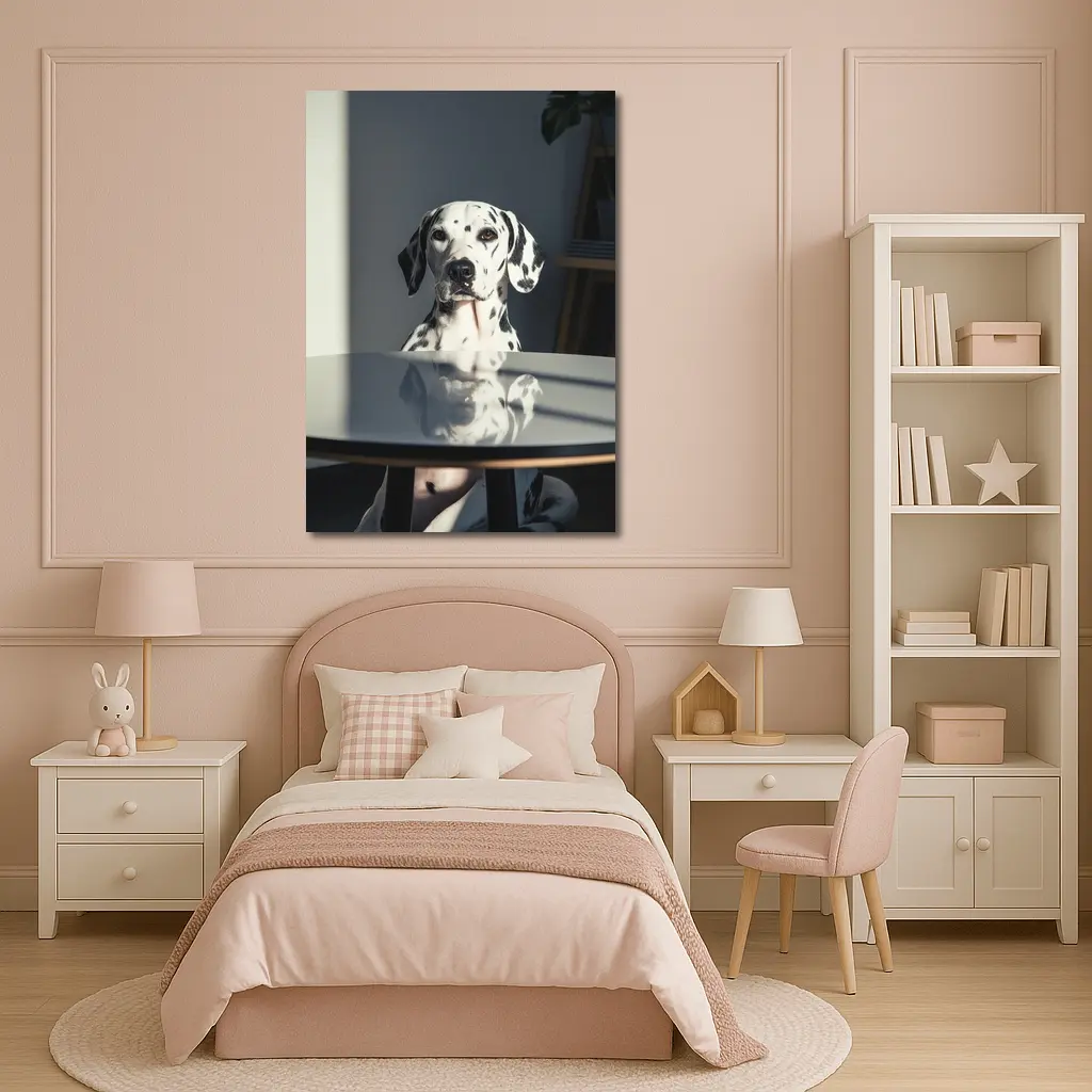 Dalmatian Dog Sitting by Round Table – Wall Art