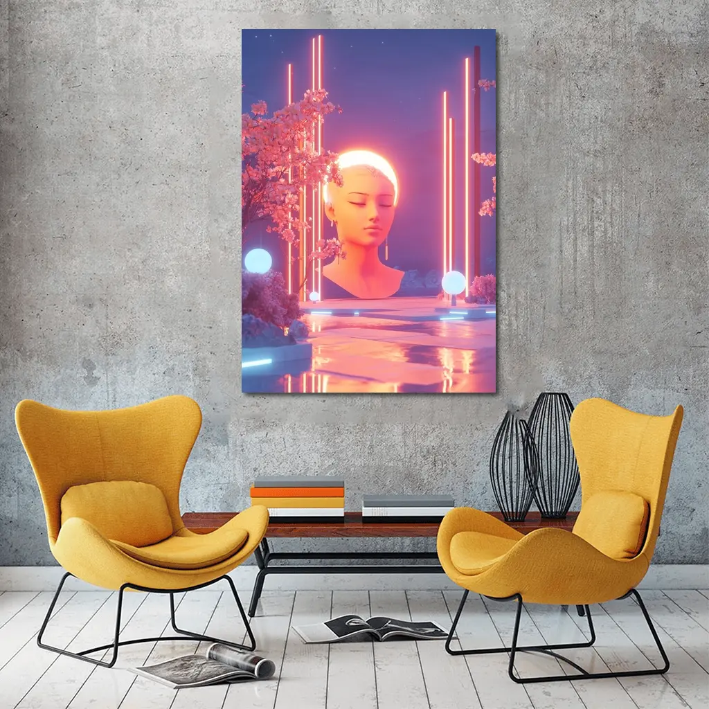 Neon Glow Sculpture Cherry Blossom Digital Art – Wall Art