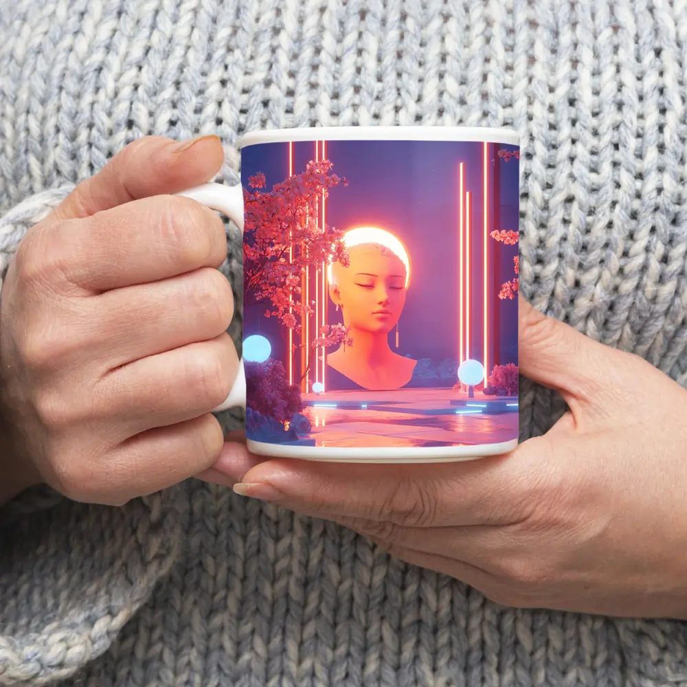 Neon Glow Sculpture Cherry Blossom Digital Art – Mugs