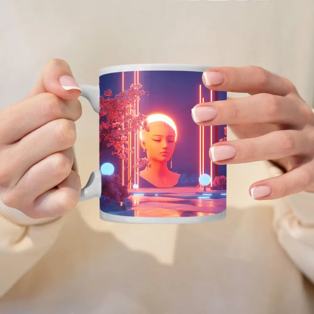 Neon Glow Sculpture Cherry Blossom Digital Art – Mugs