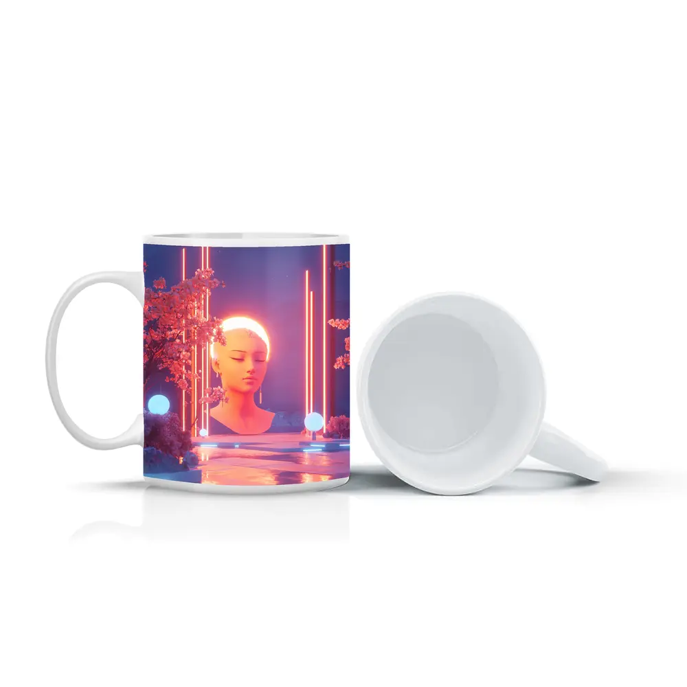 Neon Glow Sculpture Cherry Blossom Digital Art – Mugs