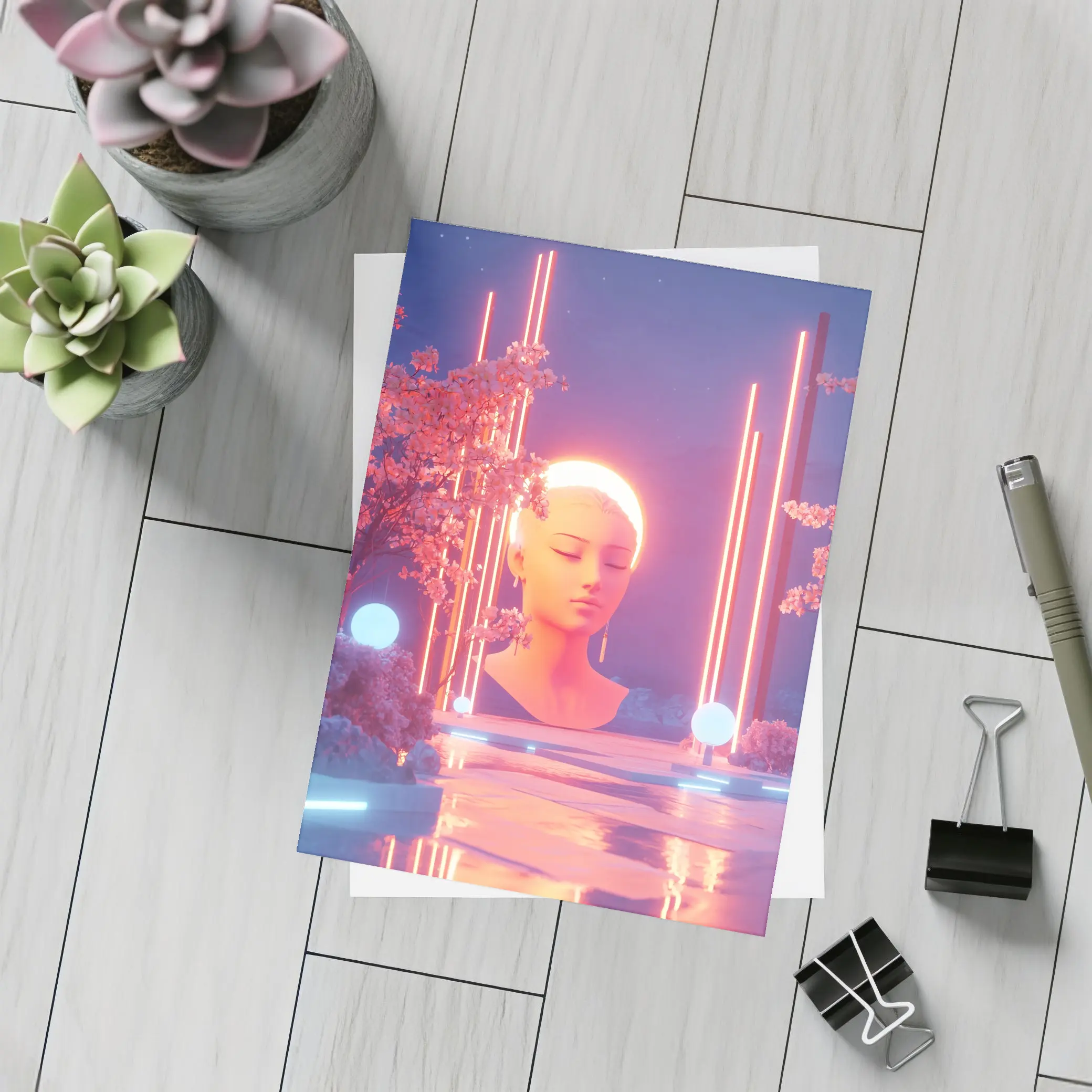 Neon Glow Sculpture Cherry Blossom Digital Art – Postcards