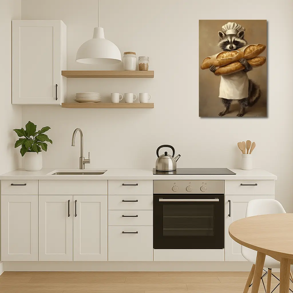 Raccoon Chef Holding Baguettes Beige Background – Wall Art
