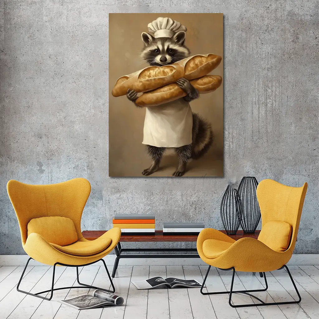 Raccoon Chef Holding Baguettes Beige Background – Wall Art