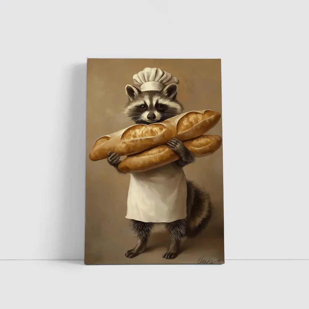 Raccoon Chef Holding Baguettes Beige Background – Wall Art