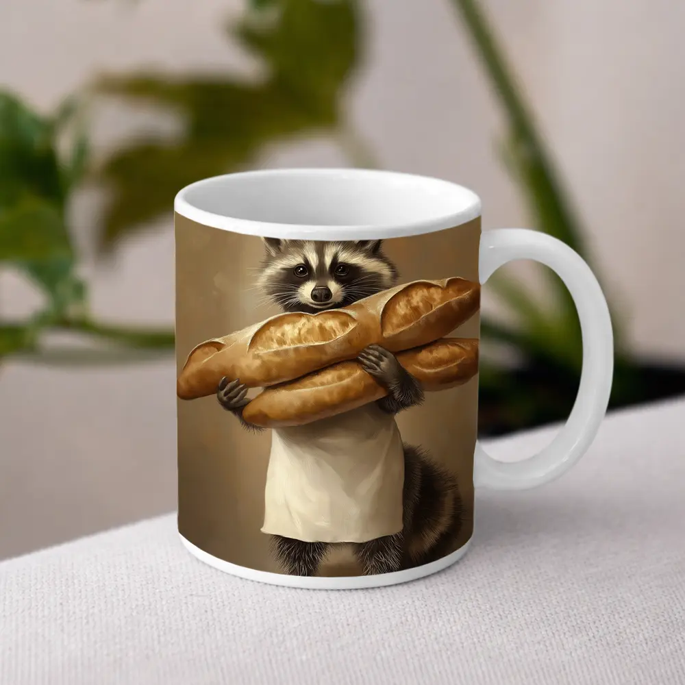 Raccoon Chef Holding Baguettes Beige Background – Mugs