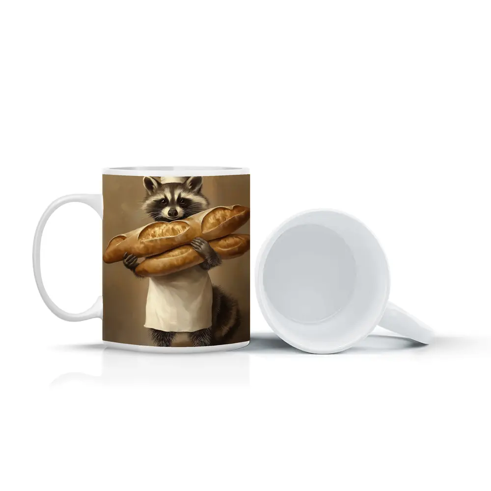 Raccoon Chef Holding Baguettes Beige Background – Mugs