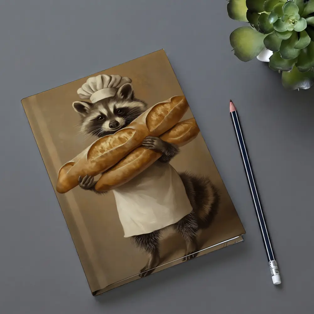 Raccoon Chef Holding Baguettes Beige Background – Notebooks