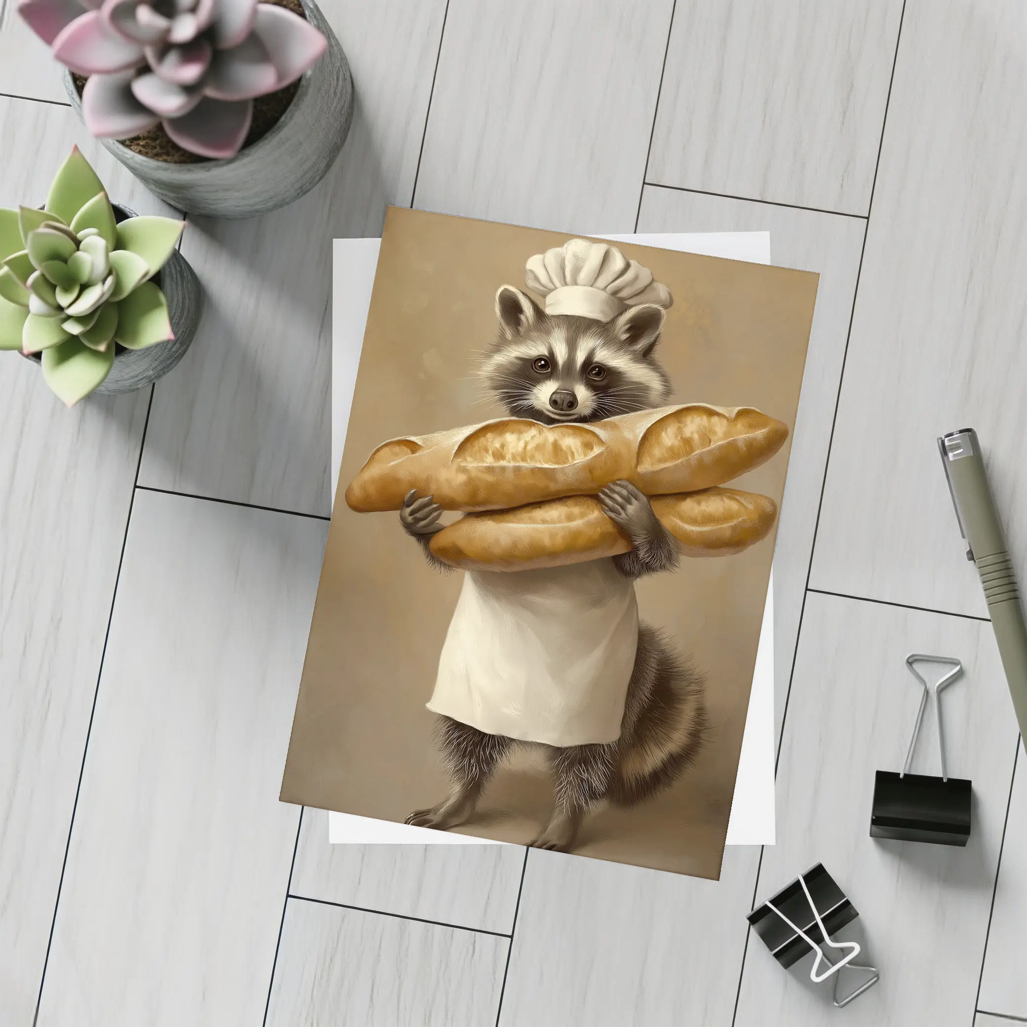 Raccoon Chef Holding Baguettes Beige Background – Postcards