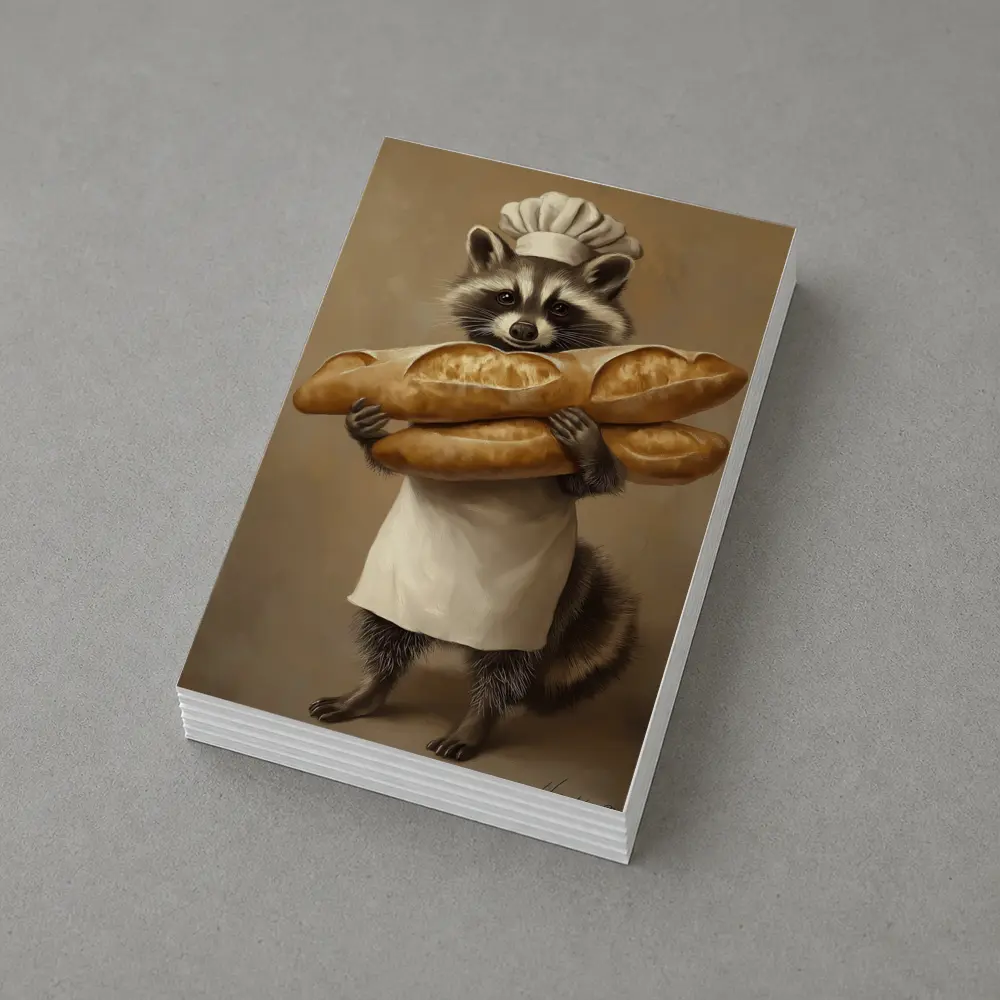 Raccoon Chef Holding Baguettes Beige Background – Postcards