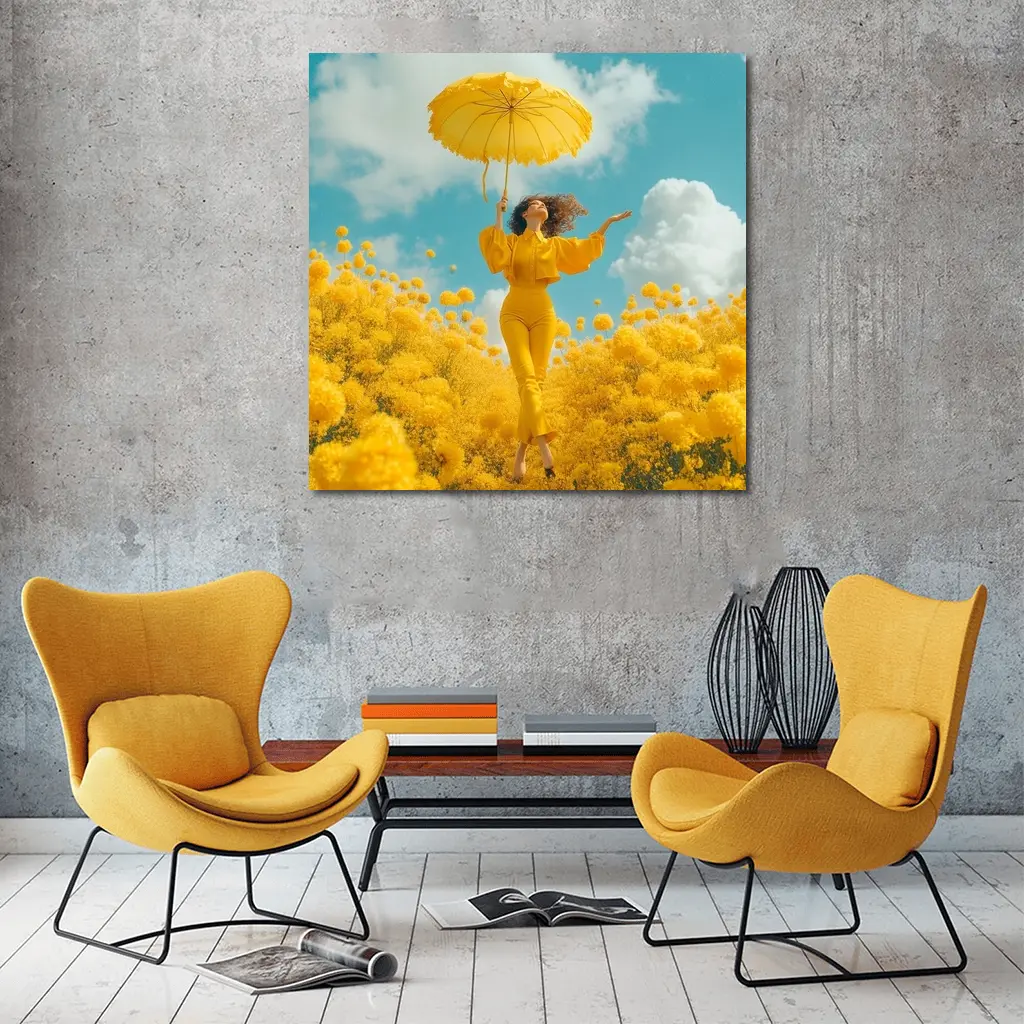Woman Yellow Flowers Field Sky Background – Wall Art