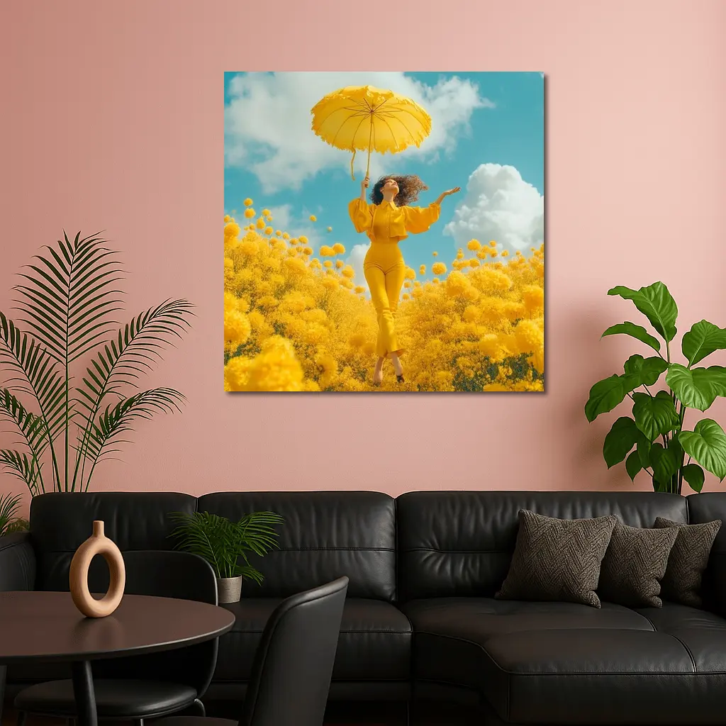 Woman Yellow Flowers Field Sky Background – Wall Art