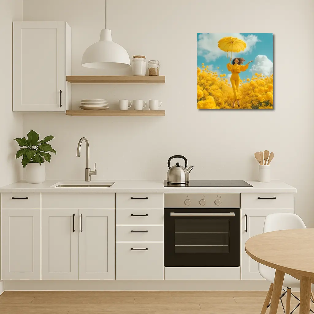 Woman Yellow Flowers Field Sky Background – Wall Art
