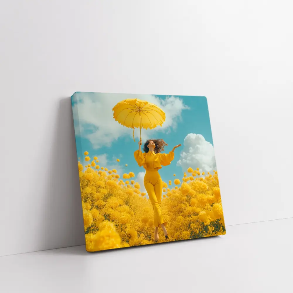 Woman Yellow Flowers Field Sky Background – Wall Art