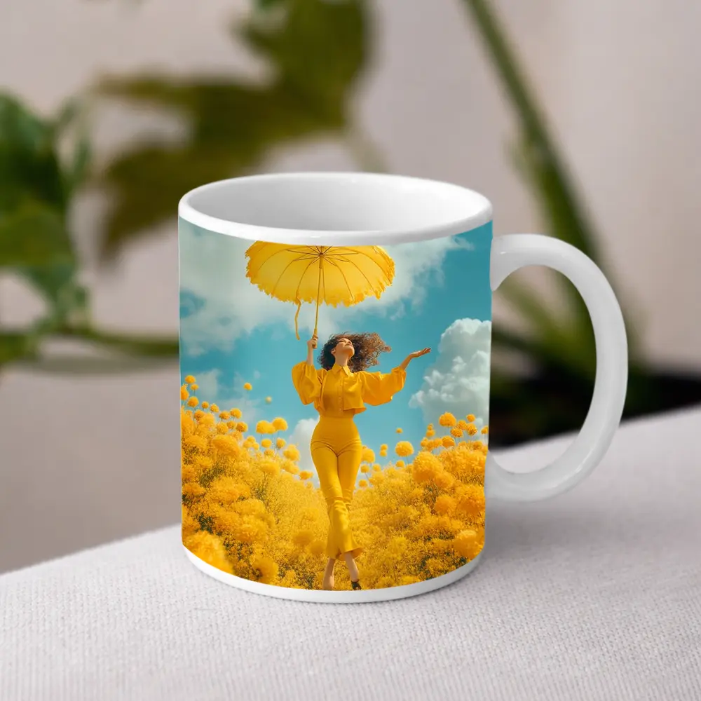 Woman Yellow Flowers Field Sky Background – Mugs