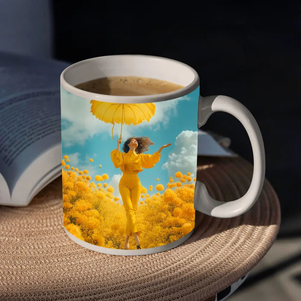 Woman Yellow Flowers Field Sky Background – Mugs