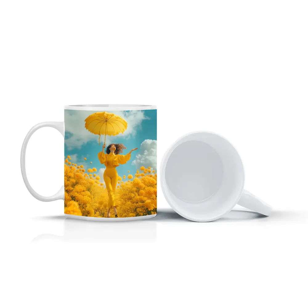 Woman Yellow Flowers Field Sky Background – Mugs