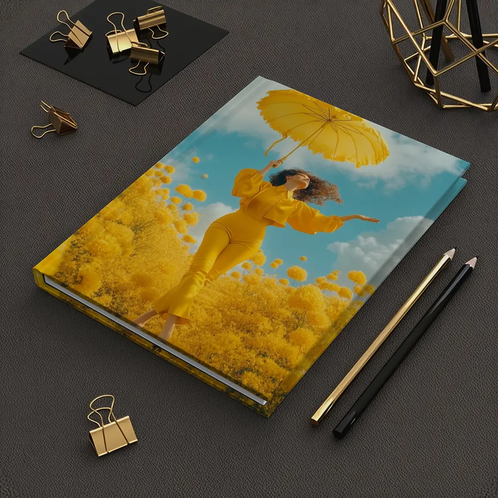 Woman Yellow Flowers Field Sky Background – Notebooks
