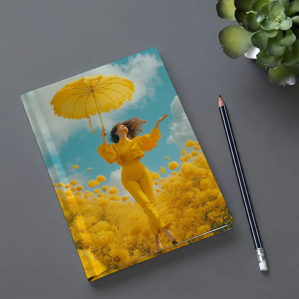Woman Yellow Flowers Field Sky Background – Notebooks