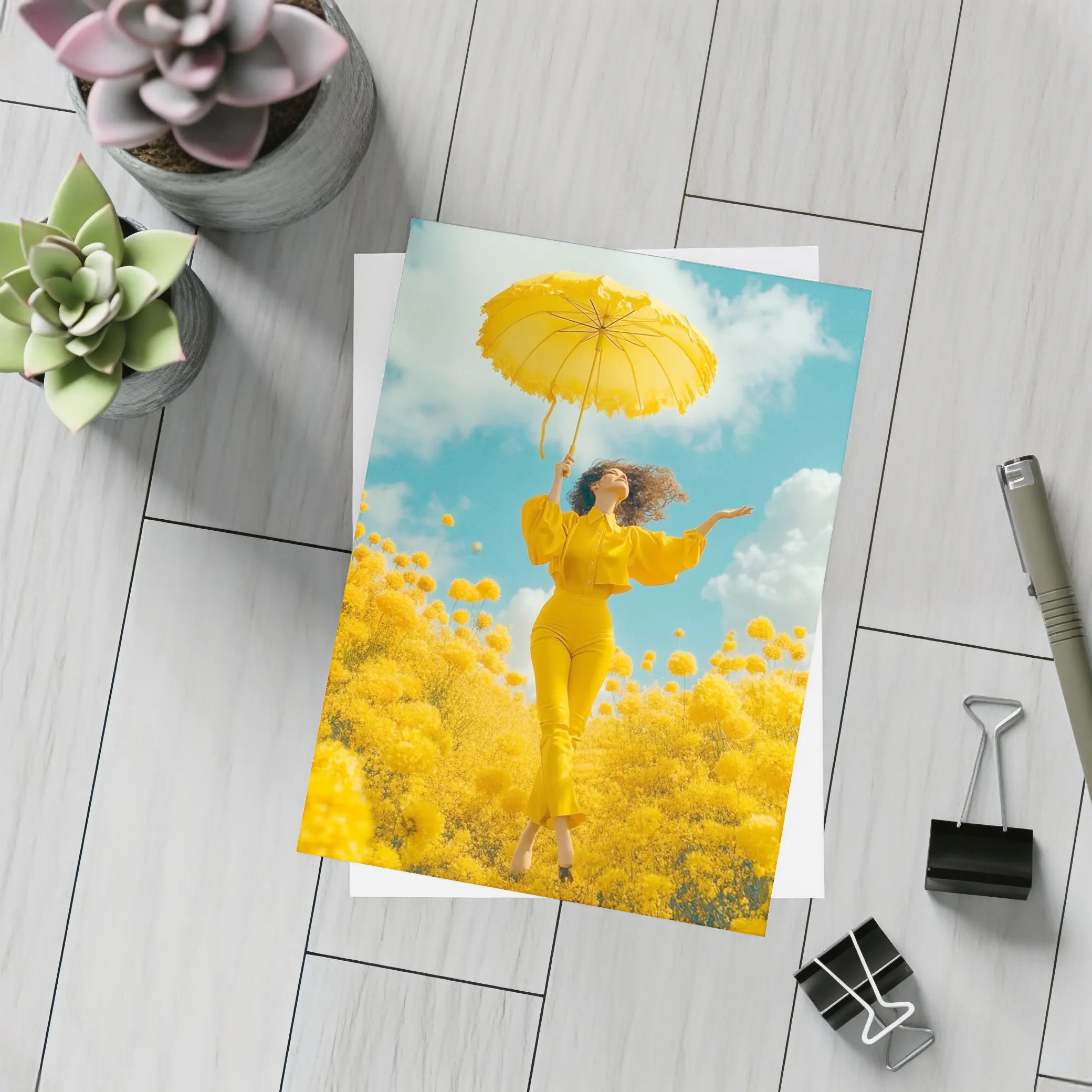 Woman Yellow Flowers Field Sky Background – Postcards