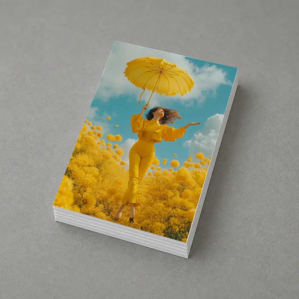 Woman Yellow Flowers Field Sky Background – Postcards