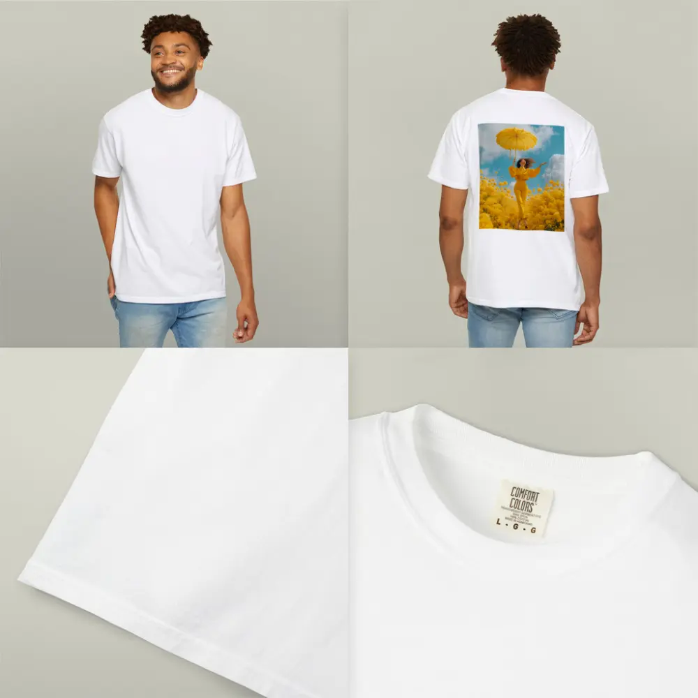 Woman Yellow Flowers Field Sky Background – T-Shirts