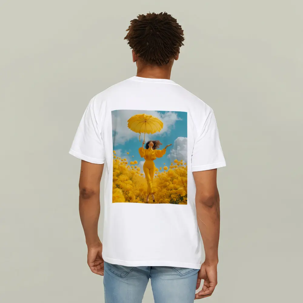 Woman Yellow Flowers Field Sky Background – T-Shirts