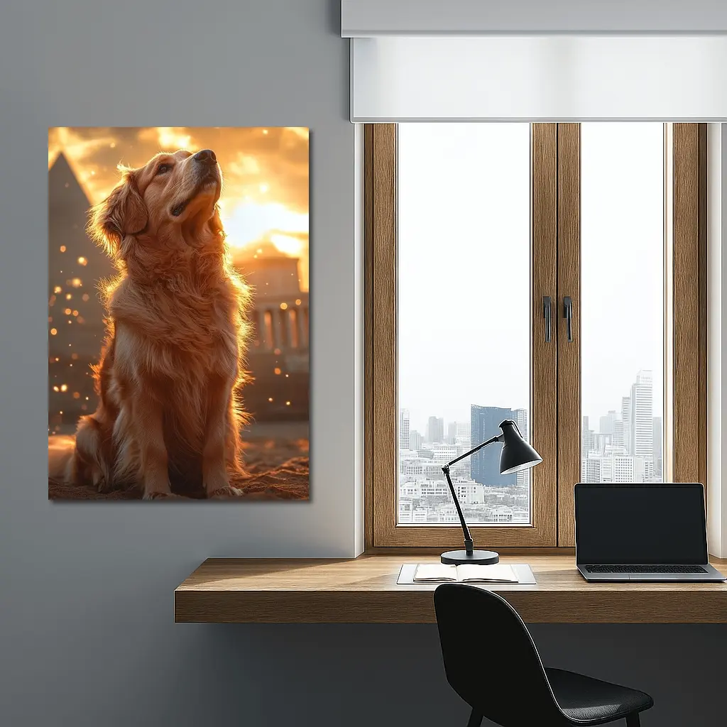 Golden Retriever Glowing Sunset Ancient Ruins – Wall Art