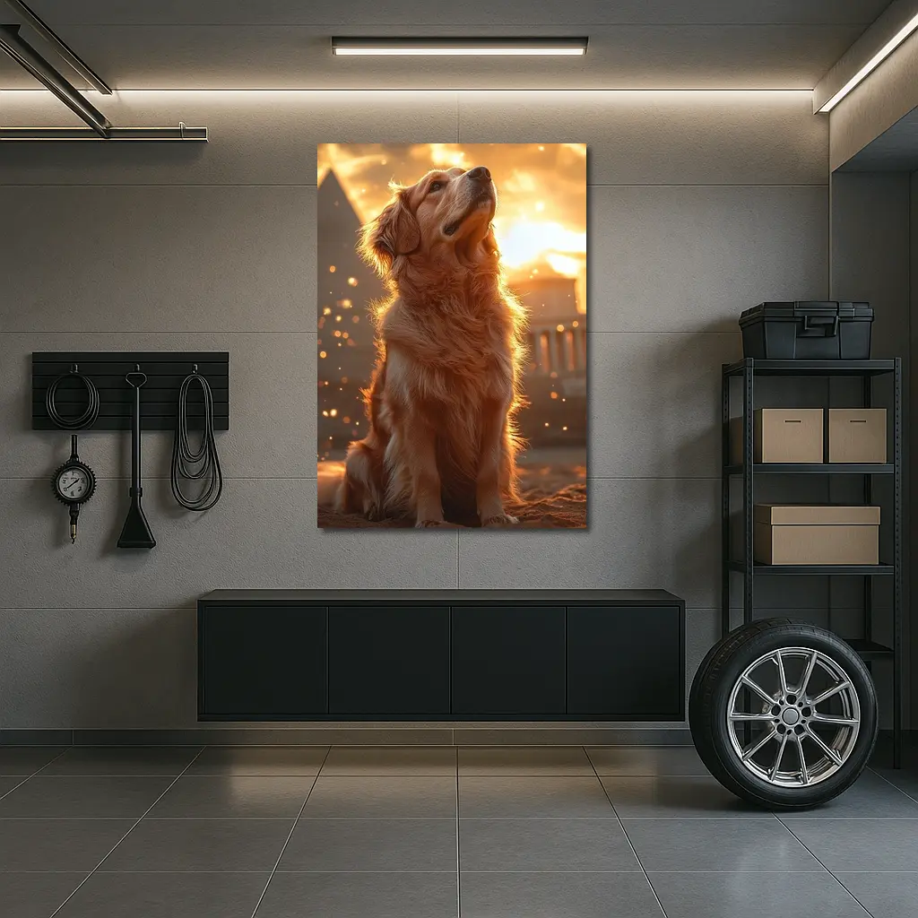 Golden Retriever Glowing Sunset Ancient Ruins – Wall Art