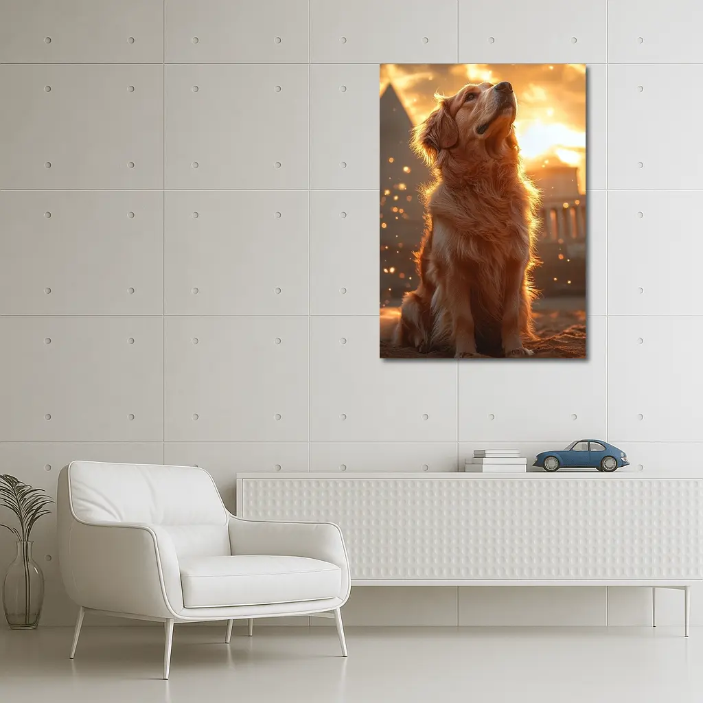 Golden Retriever Glowing Sunset Ancient Ruins – Wall Art
