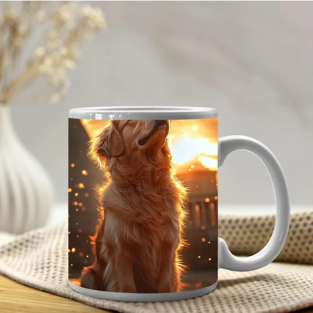 Golden Retriever Glowing Sunset Ancient Ruins – Mugs