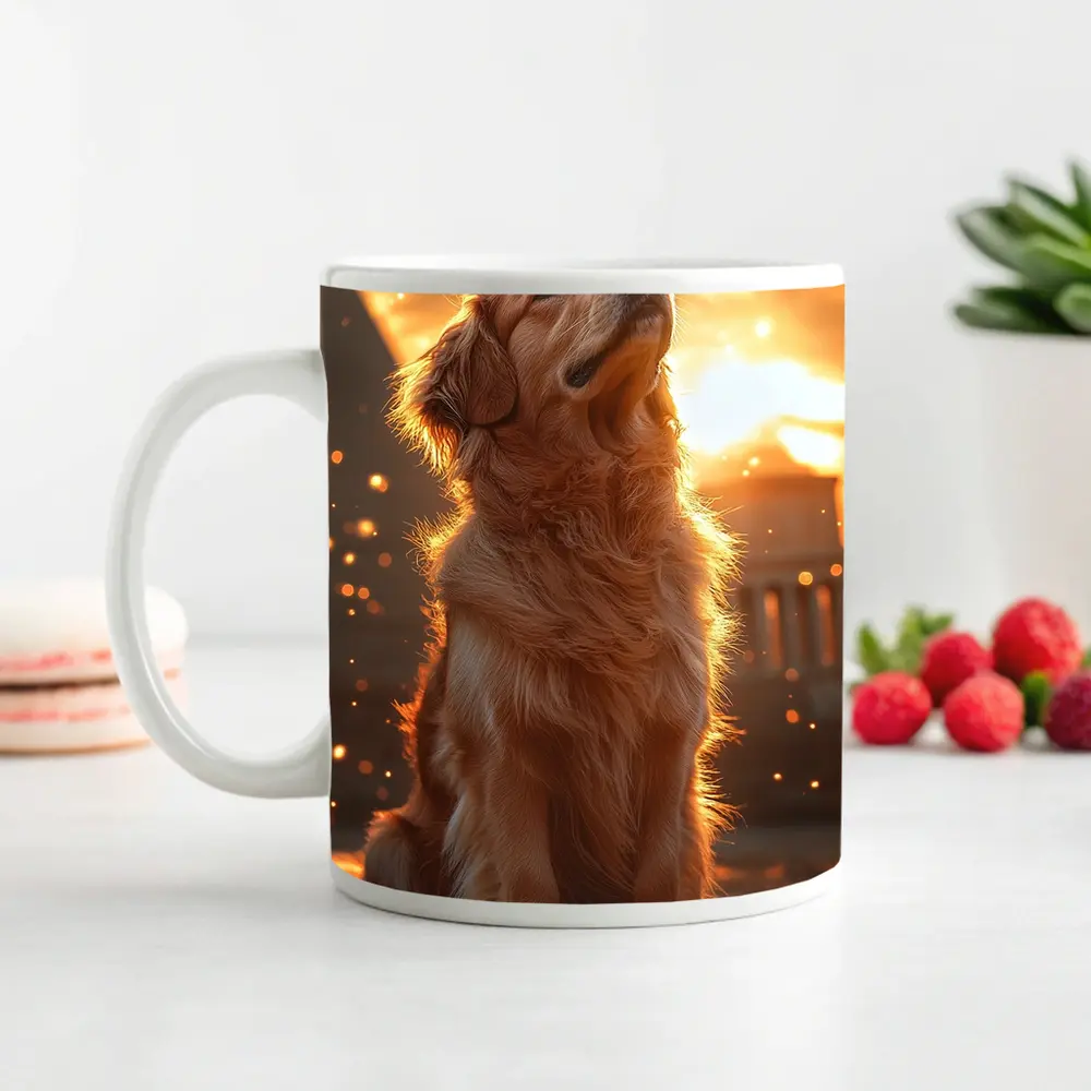 Golden Retriever Glowing Sunset Ancient Ruins – Mugs