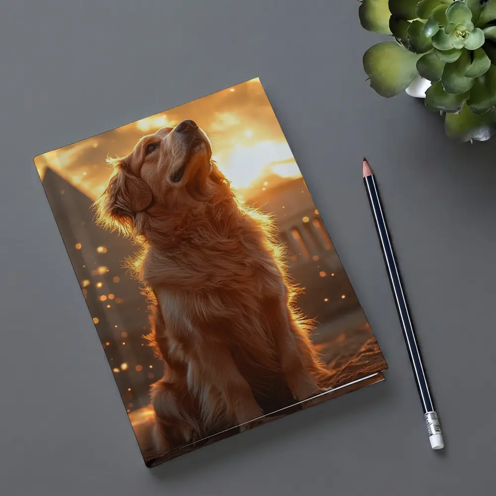 Golden Retriever Glowing Sunset Ancient Ruins – Notebooks